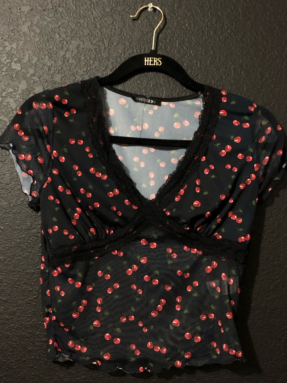 Mesh Black & Cherry Print Blouse with Lace Trim